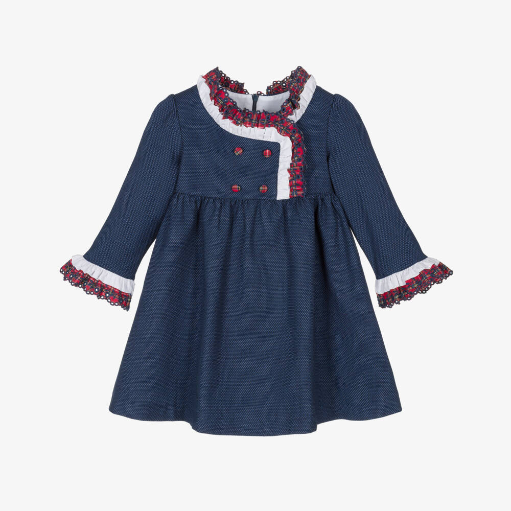 Foque-Girls Navy Blue Cotton Dress with Red Tartan Trims | Childrensalon Outlet