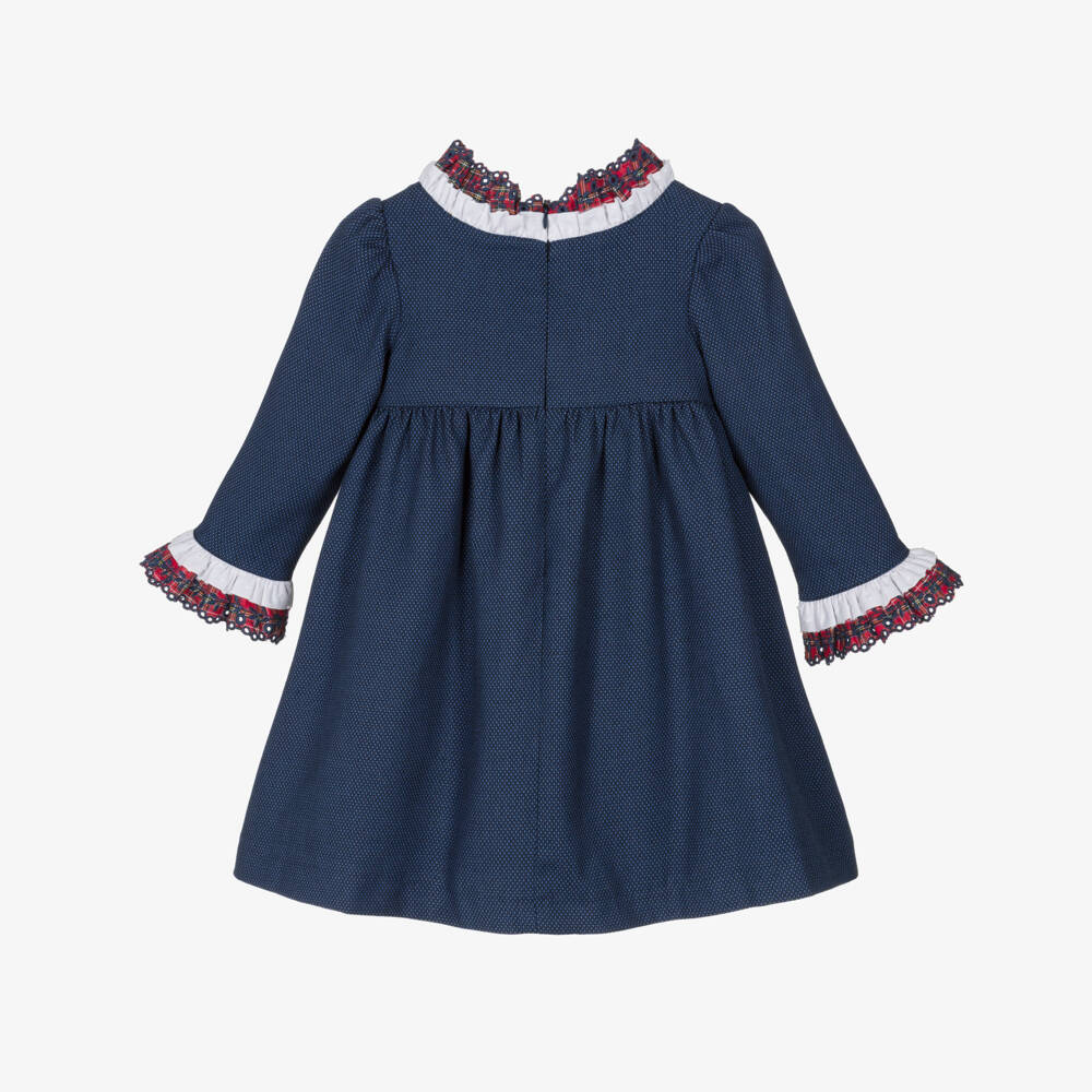 Foque-Girls Navy Blue Cotton Dress with Red Tartan Trims | Childrensalon Outlet