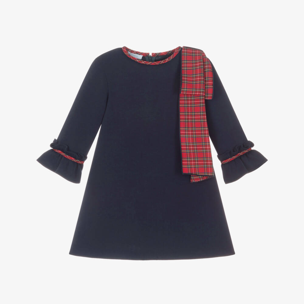 Foque-Girls Navy Blue Dress with Red Tartan Bow | Childrensalon Outlet