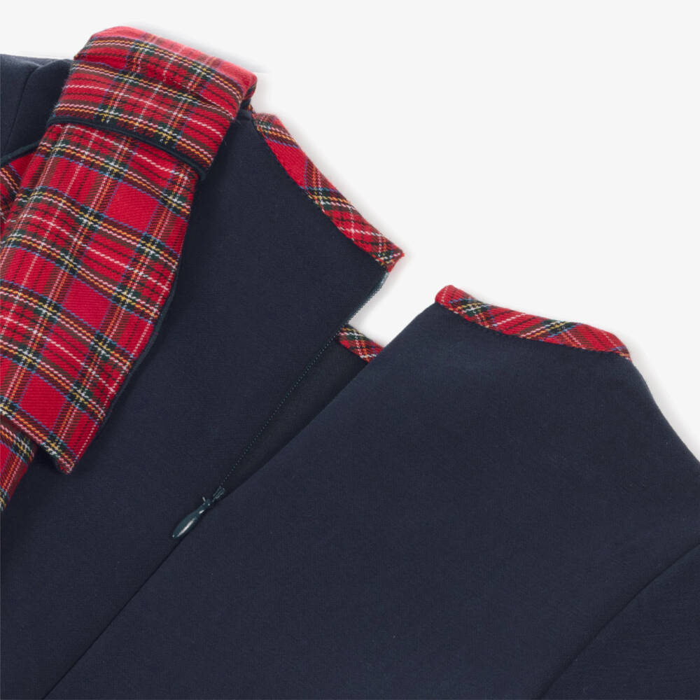 Foque-Girls Navy Blue Dress with Red Tartan Bow | Childrensalon Outlet
