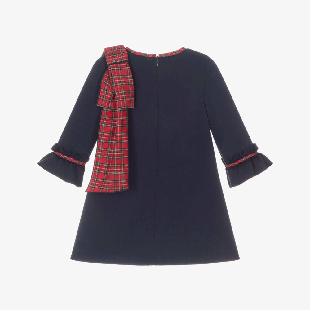 Foque-Girls Navy Blue Dress with Red Tartan Bow | Childrensalon Outlet