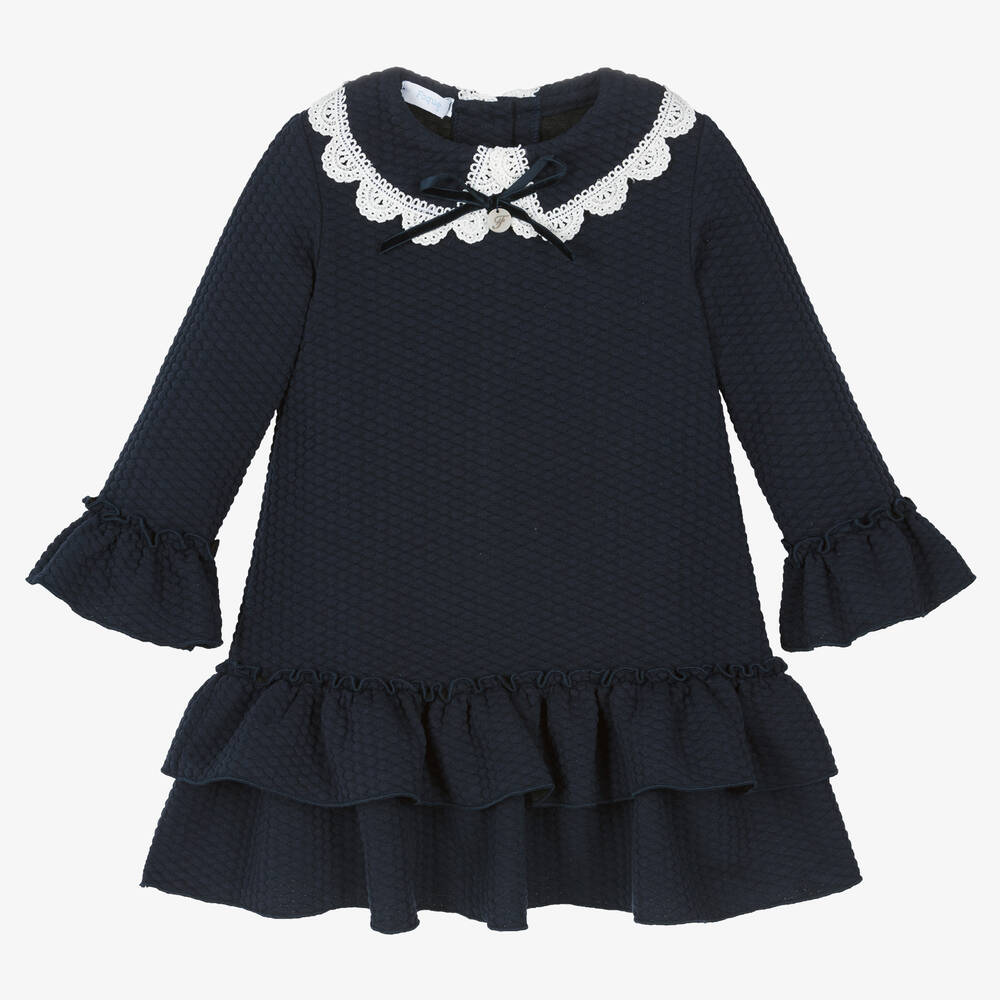 Foque - Girls Navy Blue Jersey Ruffle Dress | Childrensalon