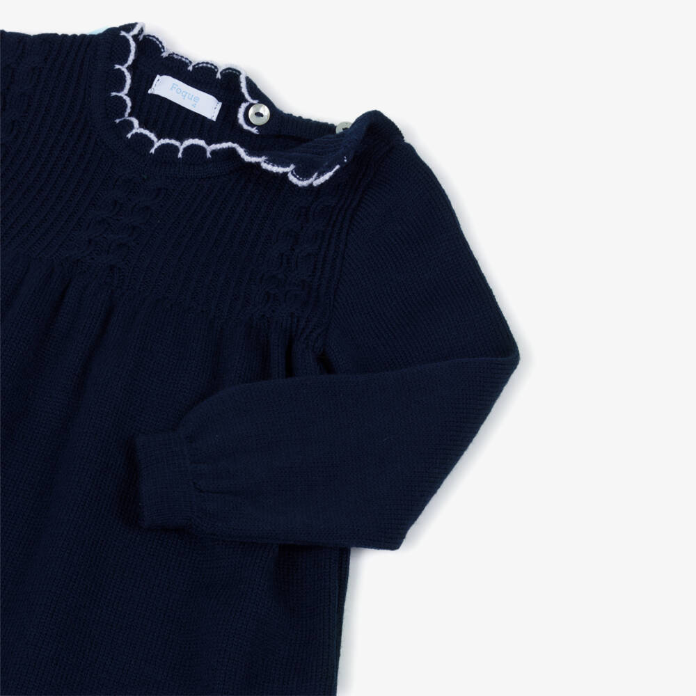Foque-Girls Navy Blue Knitted Dress with White Plumetis Bow | Childrensalon Outlet