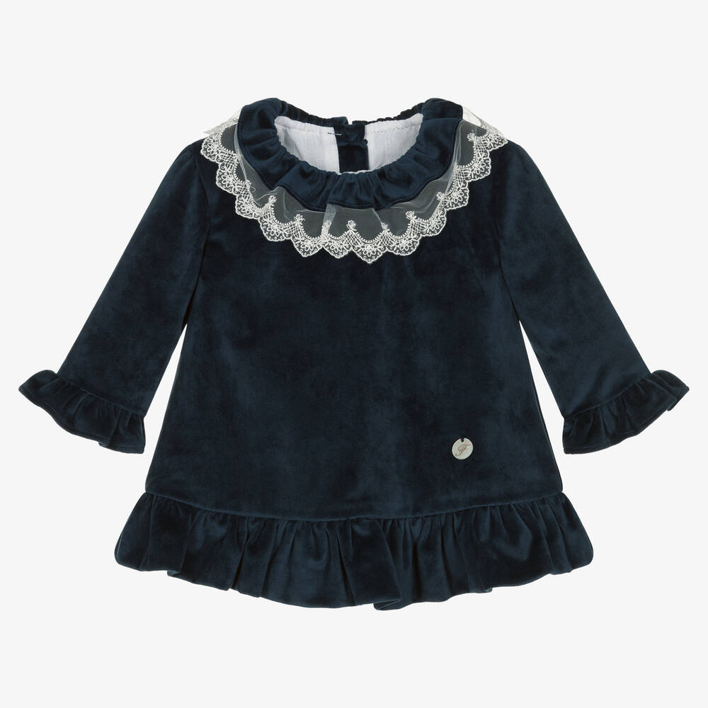 Foque - Girls Navy Blue Velvet Dress | Childrensalon