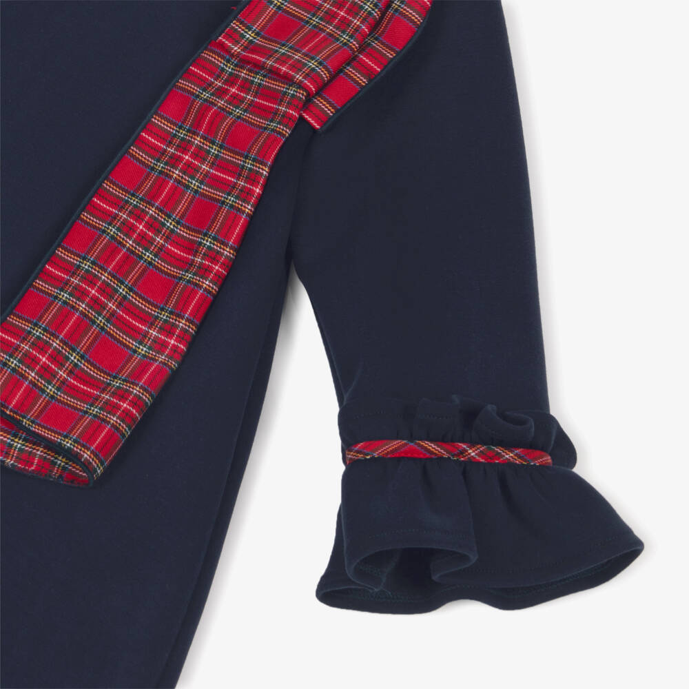 Foque-Girls Navy Dress with Tartan Bow | Childrensalon Outlet