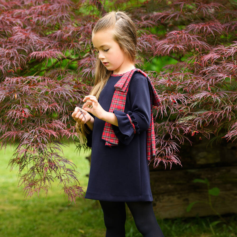 Foque-Girls Navy Dress with Tartan Bow | Childrensalon Outlet