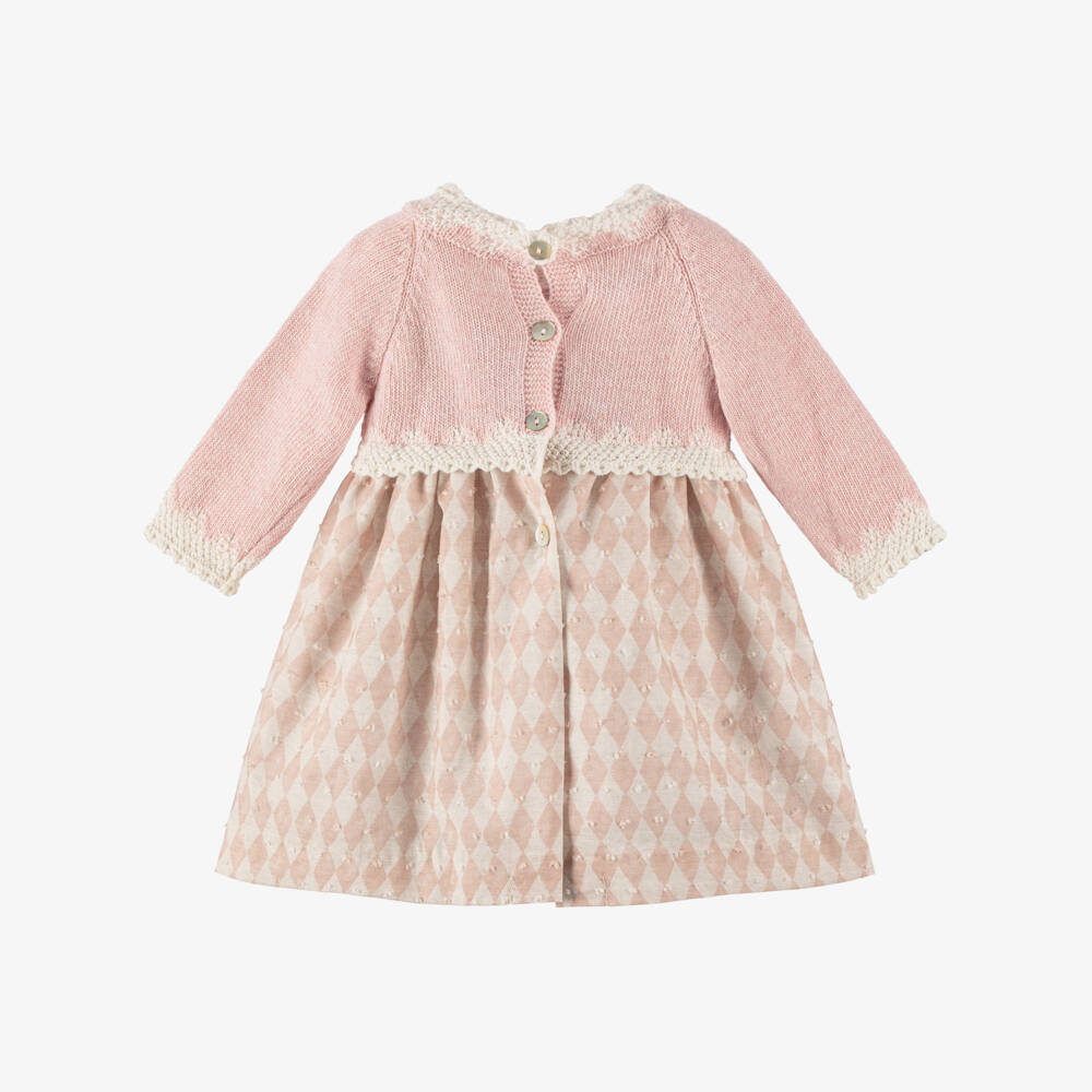 Foque-Girls Pink & Beige Plumeti Cotton Pom-Pom Dress with Bow | Childrensalon Outlet