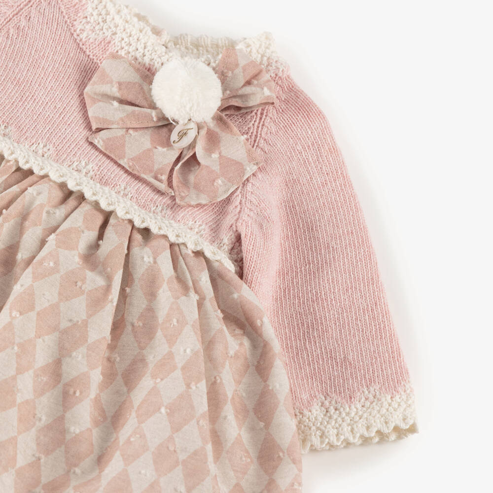 Foque-Girls Pink & Beige Plumeti Cotton Pom-Pom Dress with Bow | Childrensalon Outlet