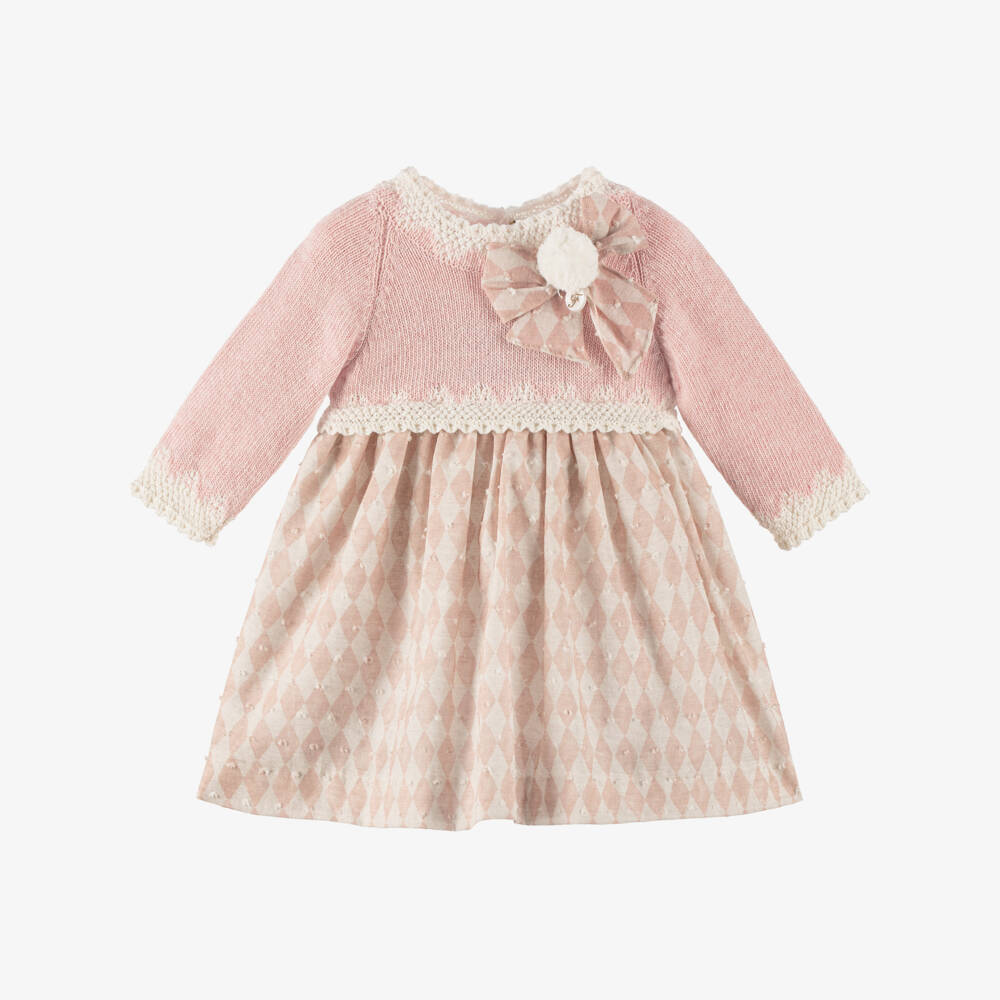 Foque-Girls Pink & Beige Plumeti Cotton Pom-Pom Dress with Bow | Childrensalon Outlet