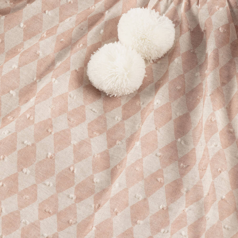 Foque-Girls Pink & Beige Plumetis Cotton Pom-Pom Dress with Ruffles | Childrensalon Outlet