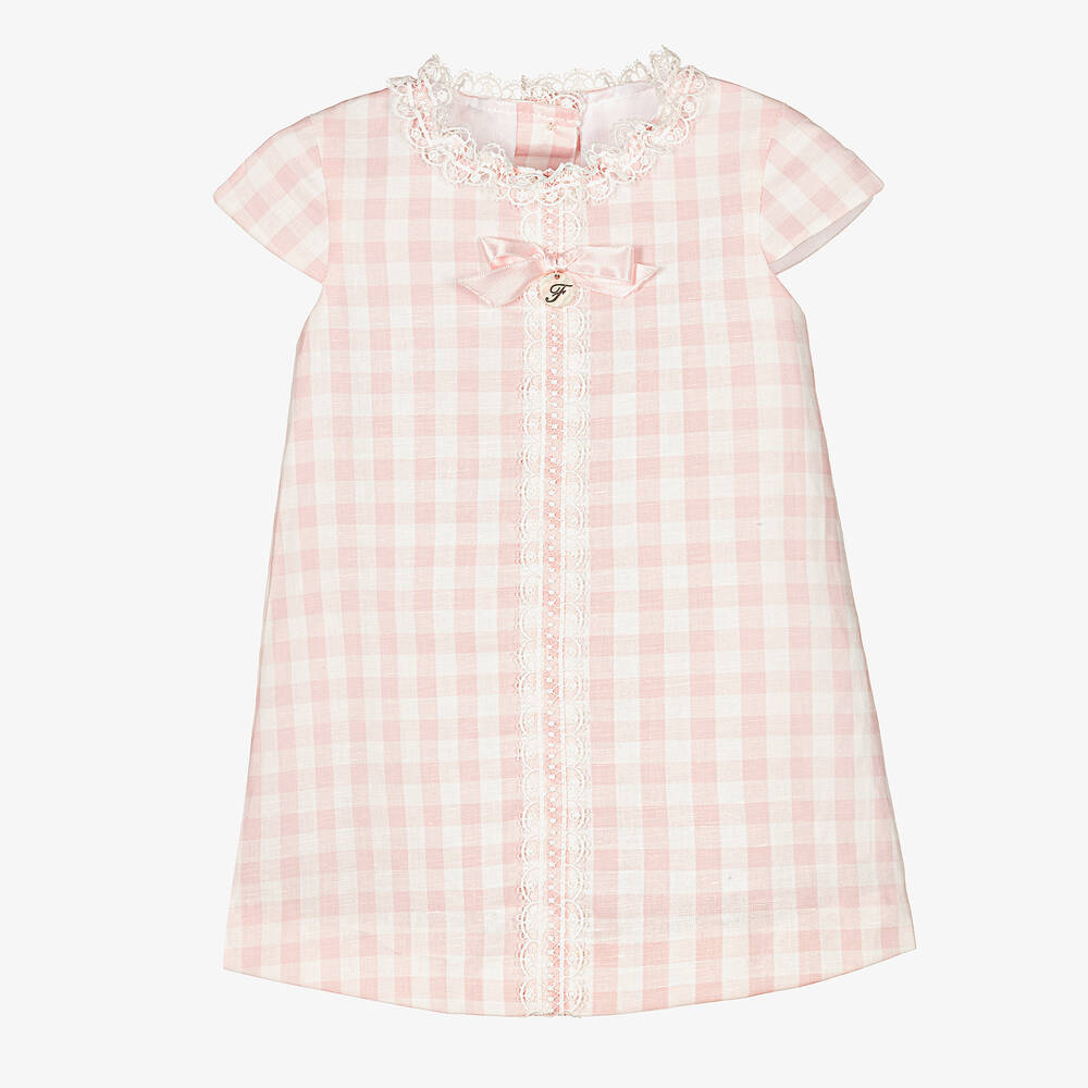 Foque - Girls Pink Check Linen & Cotton Dress | Childrensalon