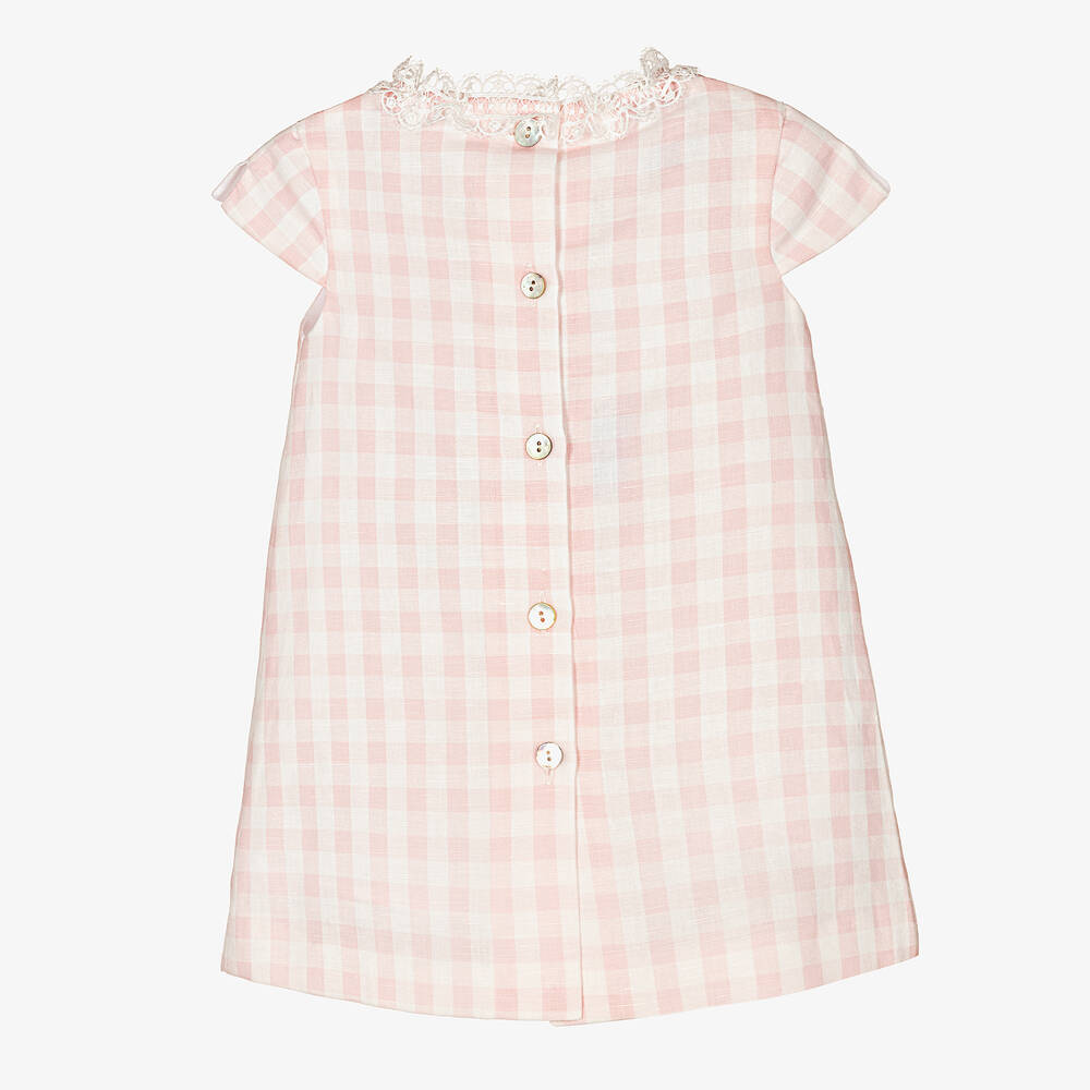 Foque - Girls Pink Check Linen & Cotton Dress | Childrensalon Outlet