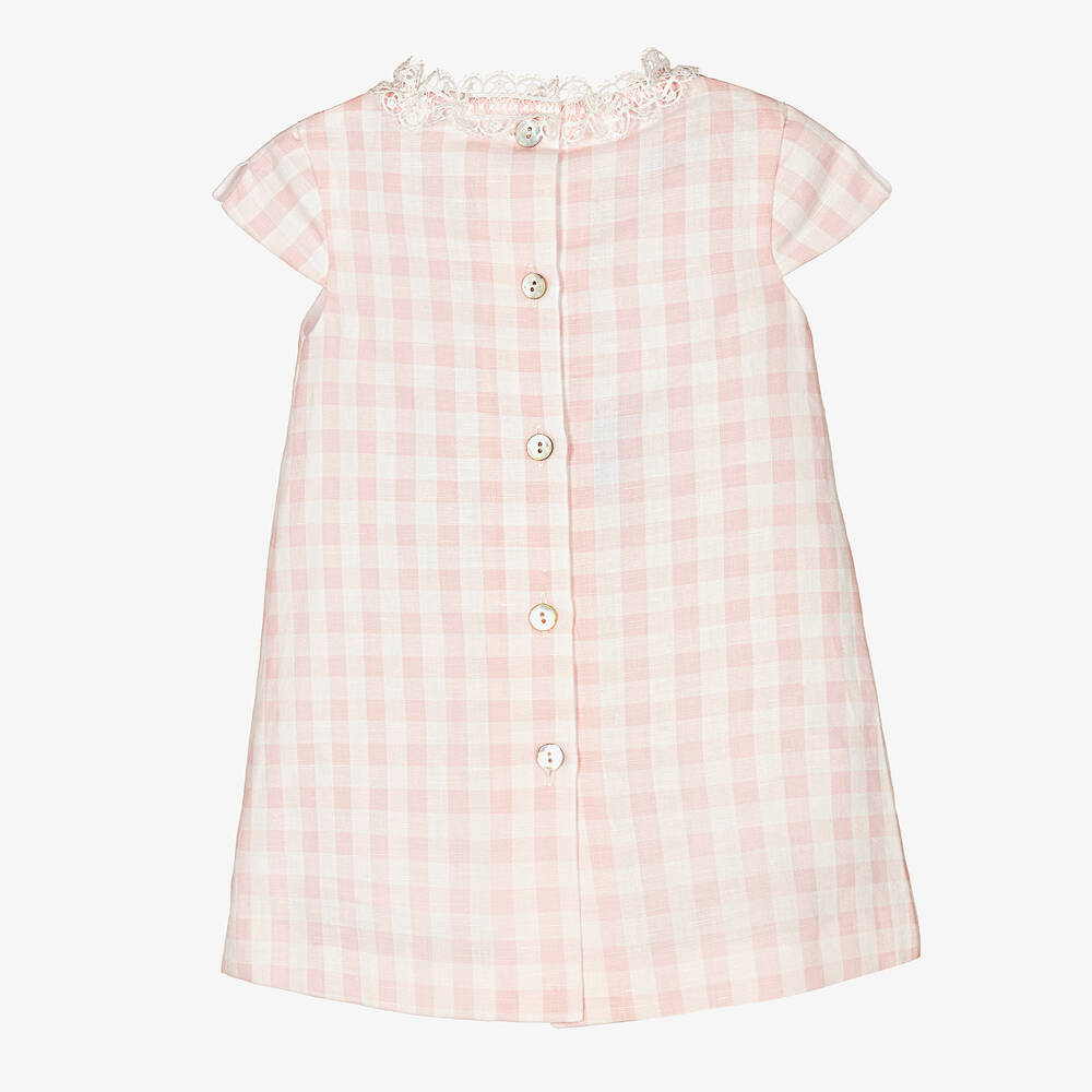 Foque-Girls Pink Check Linen & Cotton Dress | Childrensalon Outlet