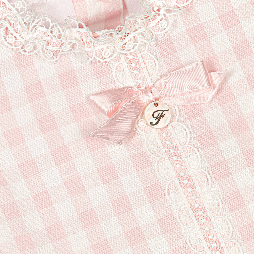 Foque-Girls Pink Check Linen & Cotton Dress | Childrensalon Outlet