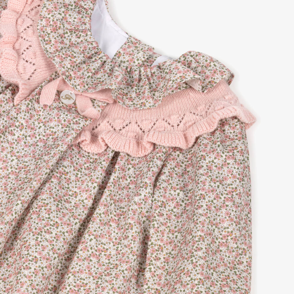 Foque-Girls Pink Cotton Floral Dress with Knitted Collar | Childrensalon Outlet