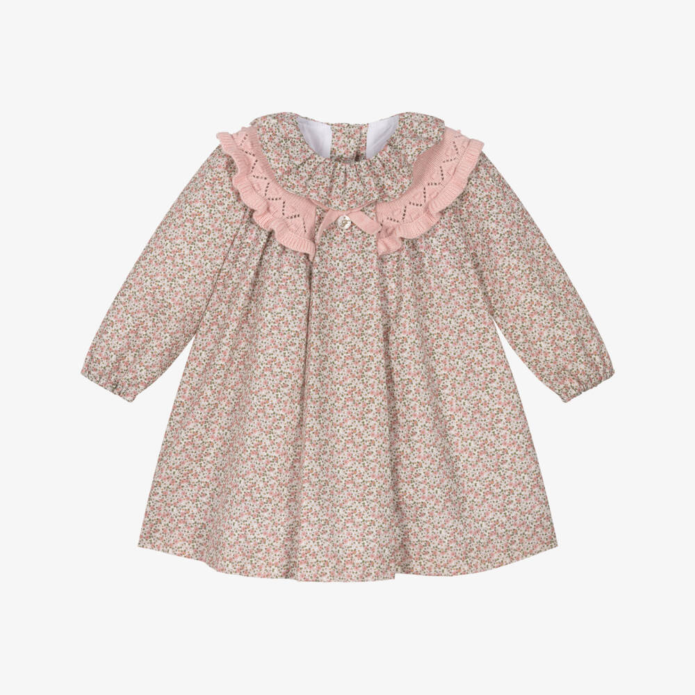 Foque-Girls Pink Cotton Floral Dress with Knitted Collar | Childrensalon Outlet