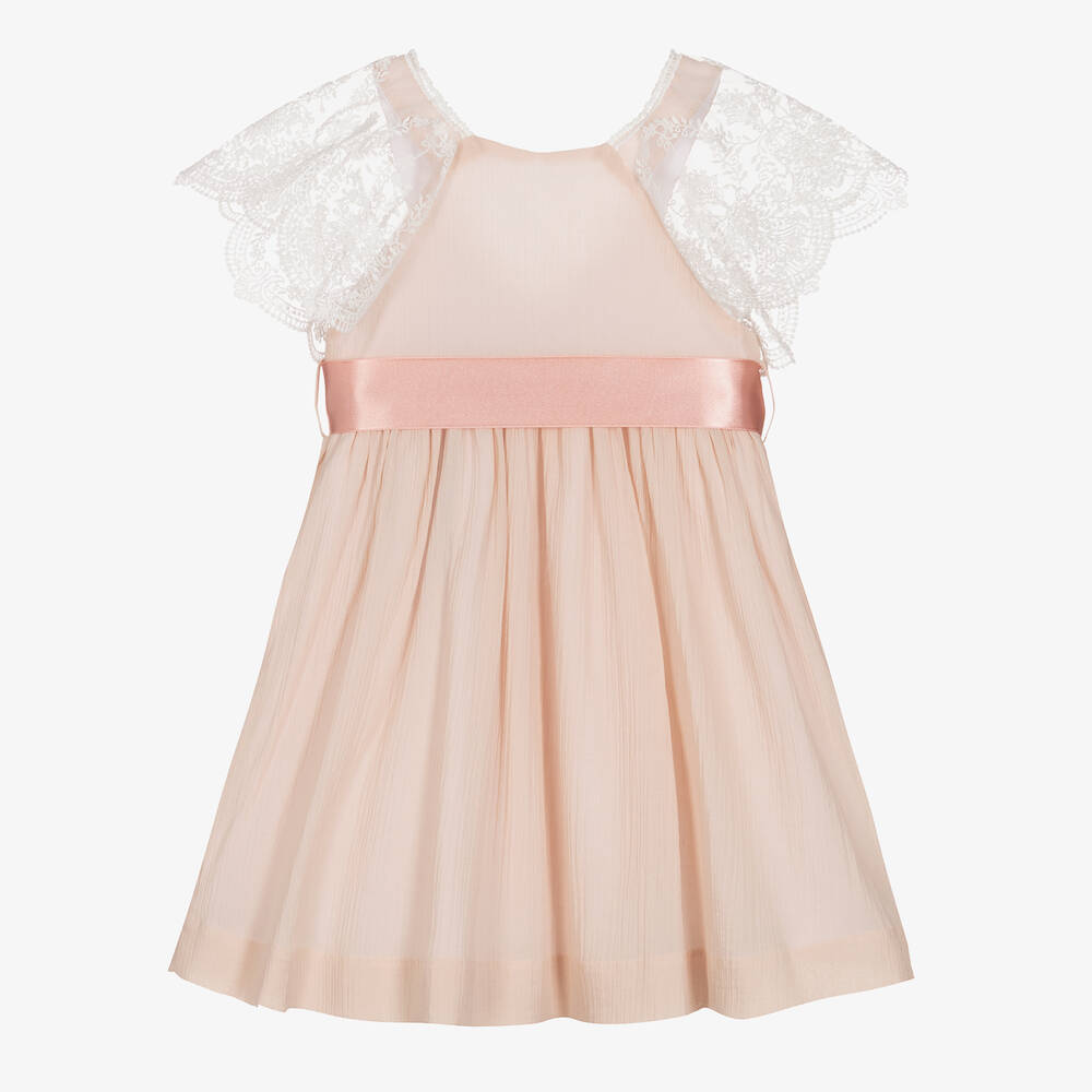 Foque - Rosa Kleid mit Spitzenflatterärmeln | Childrensalon