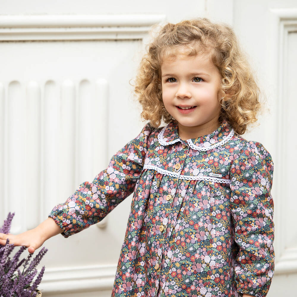 فوكيه-فستان قطن تويل لون زهري وبنفسجي بطبعة ورود | Childrensalon Outlet