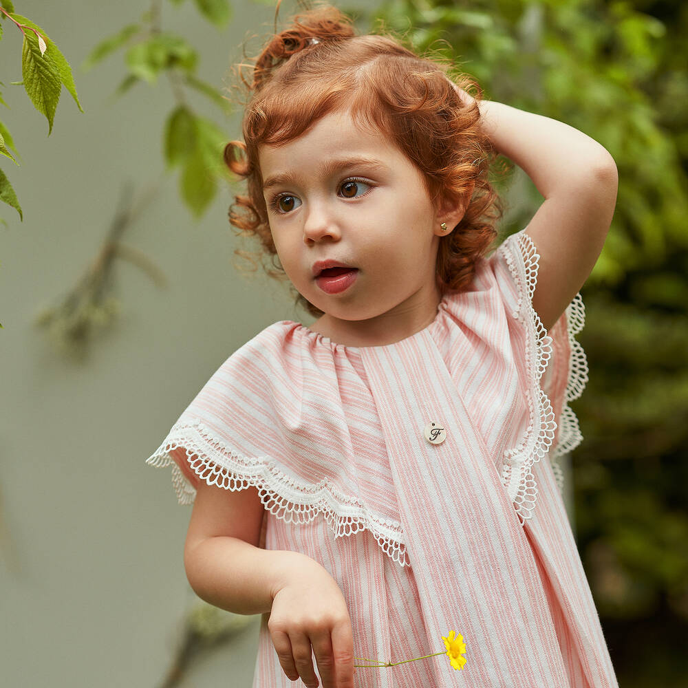 فوكيه-طقم فستان أطفال بناتي قطن مقلم لون زهري | Childrensalon Outlet