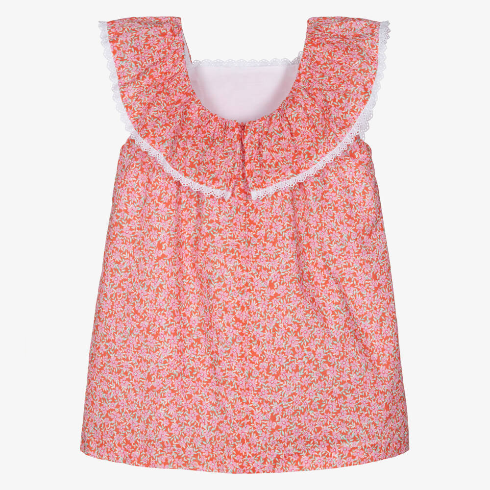 Foque-Girls Red & Pink Floral Cotton Ruffle Dress | Childrensalon Outlet