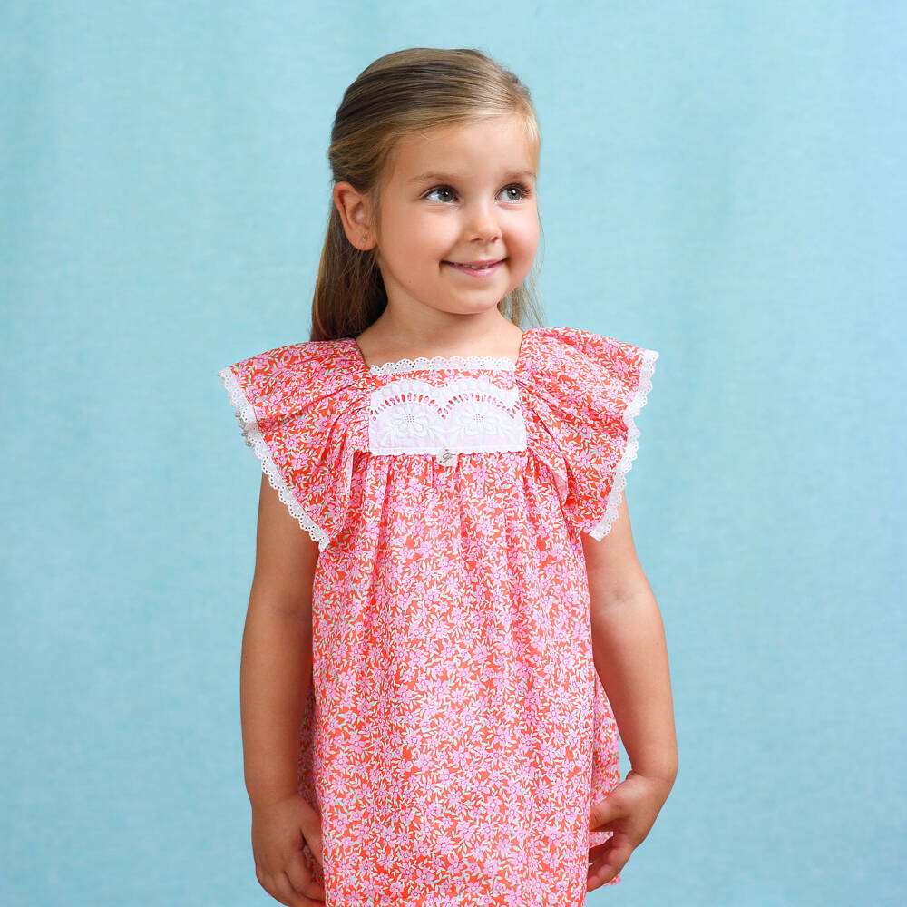 Foque-Girls Red & Pink Floral Cotton Ruffle Dress | Childrensalon Outlet