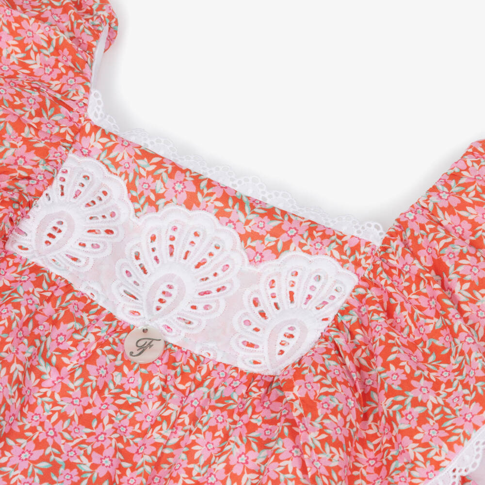 Foque-Girls Red & Pink Floral Cotton Ruffle Dress | Childrensalon Outlet