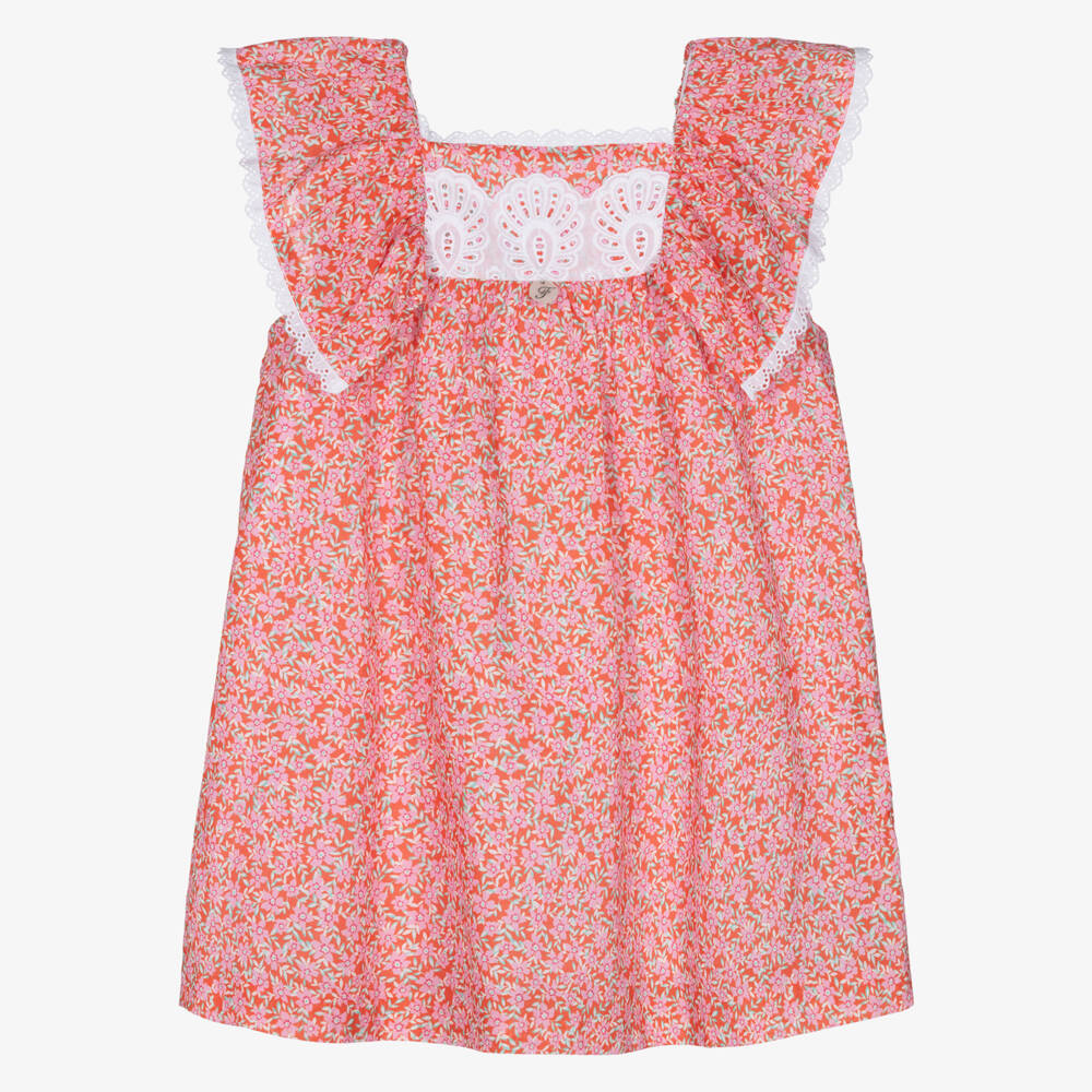 Foque-Girls Red & Pink Floral Cotton Ruffle Dress | Childrensalon Outlet