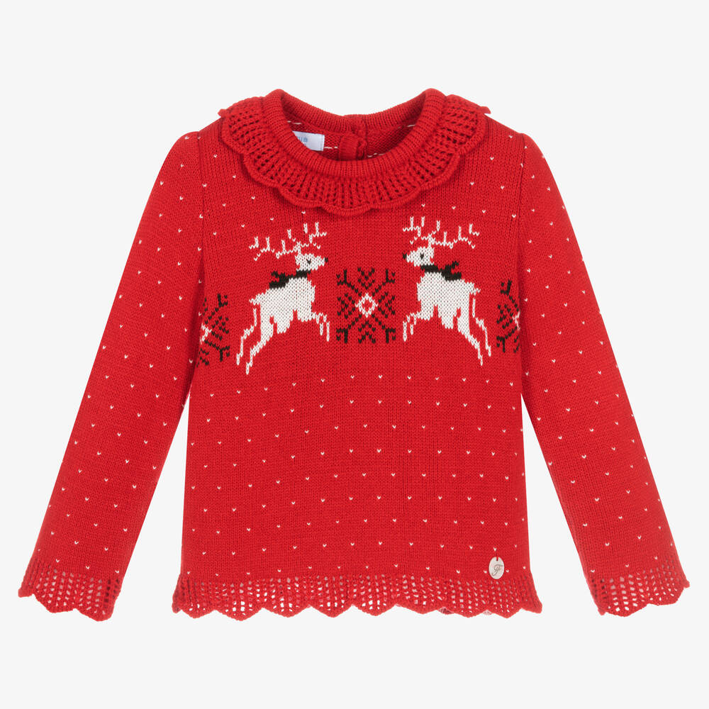 Foque - Girls Red Reindeer Jumper  | Childrensalon