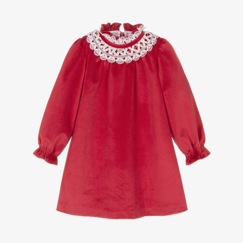 Foque-Girls Red Velvet Dress with White Lace Collar | Childrensalon Outlet