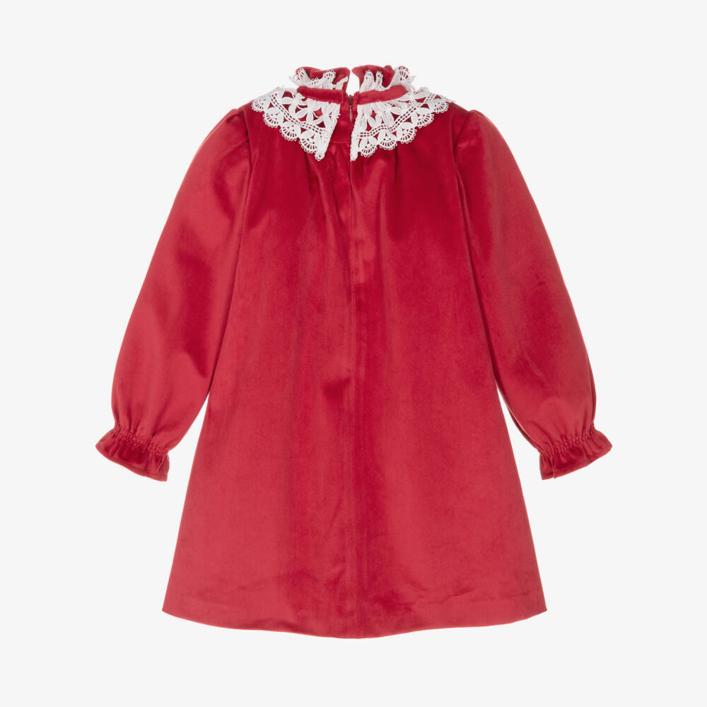 Foque-Girls Red Velvet Dress with White Lace Collar | Childrensalon Outlet