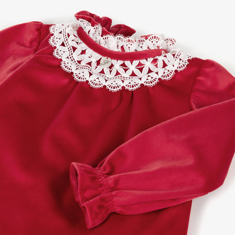Foque-Girls Red Velvet Dress with White Lace Collar | Childrensalon Outlet