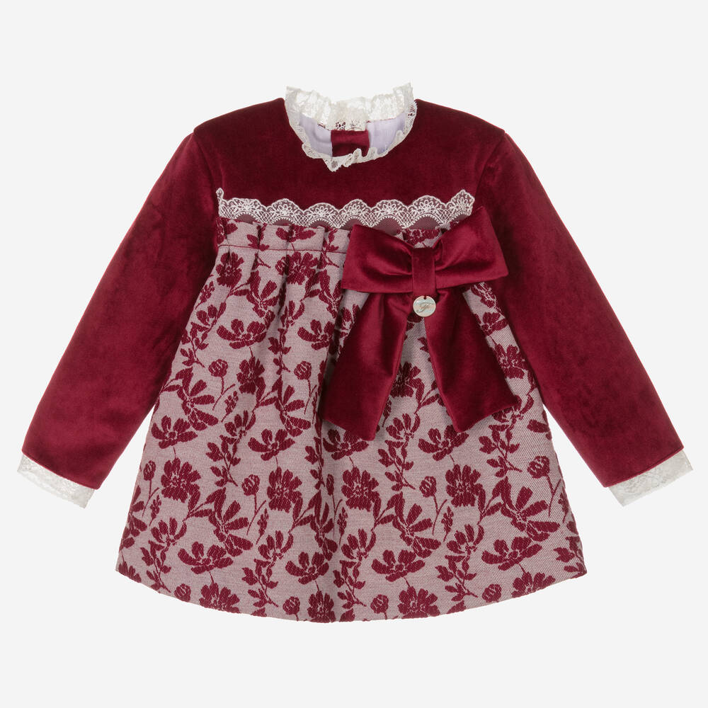 Foque - Girls Red Velvet & Floral Jacquard Dress | Childrensalon