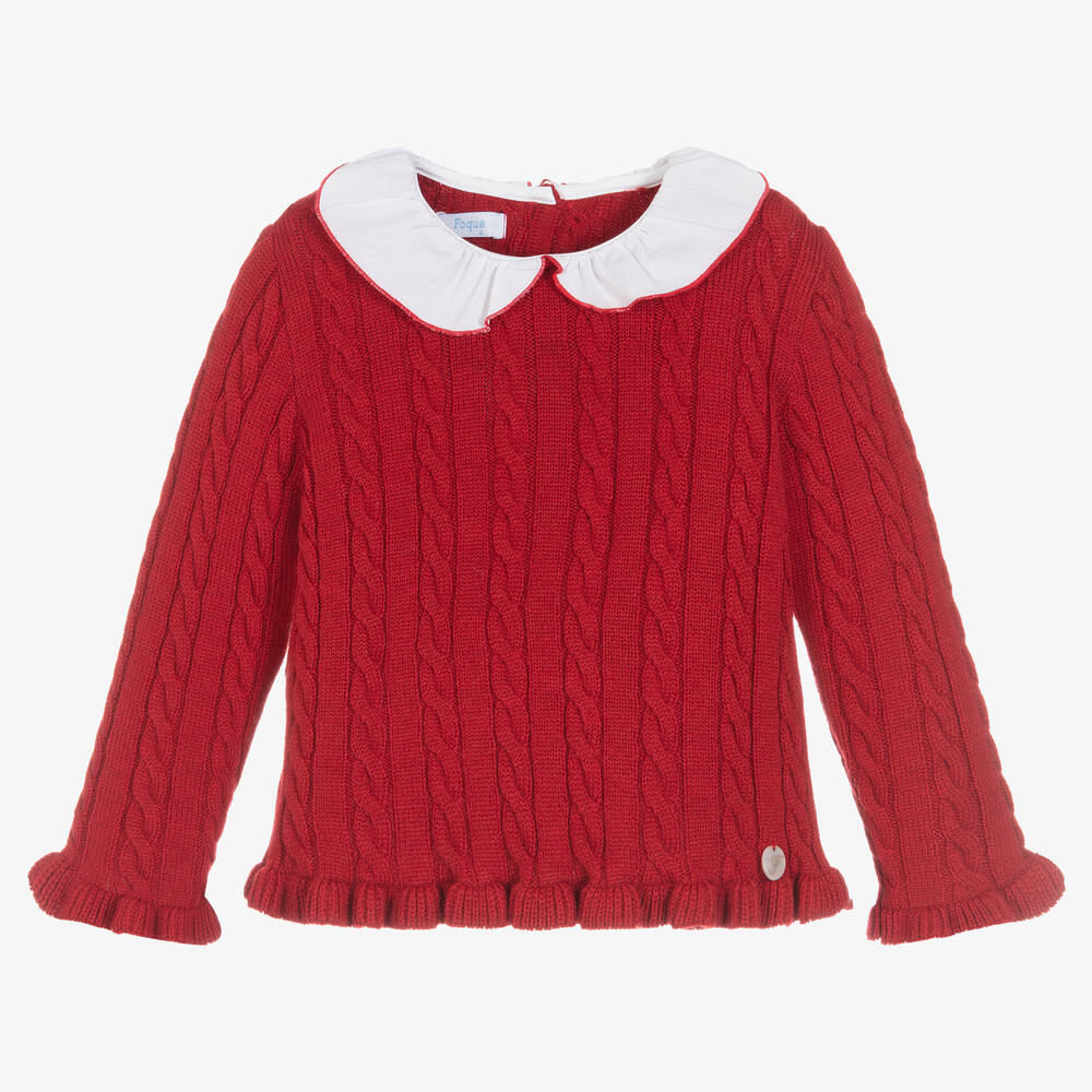 Foque - Girls Red Wool Cable Sweater   | Childrensalon