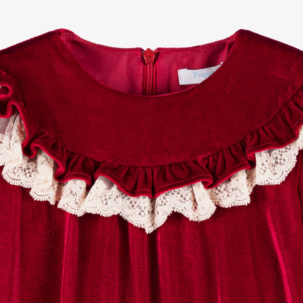 Foque-Girls Scarlet Velour Dress with Lace | Childrensalon Outlet
