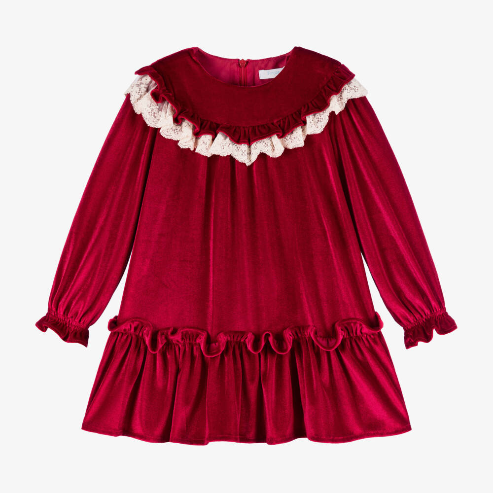 Foque-Girls Scarlet Velour Dress with Lace | Childrensalon Outlet
