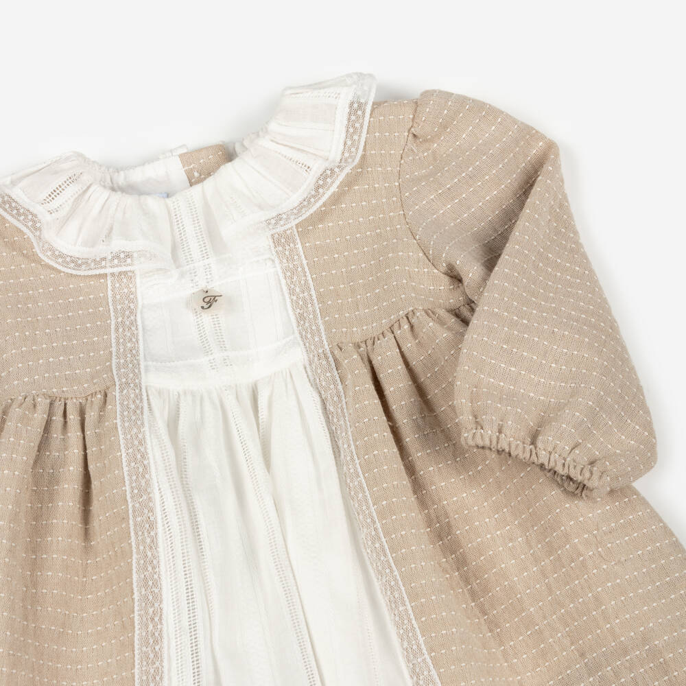 Foque-Girls Soft Beige and White Dress | Childrensalon Outlet