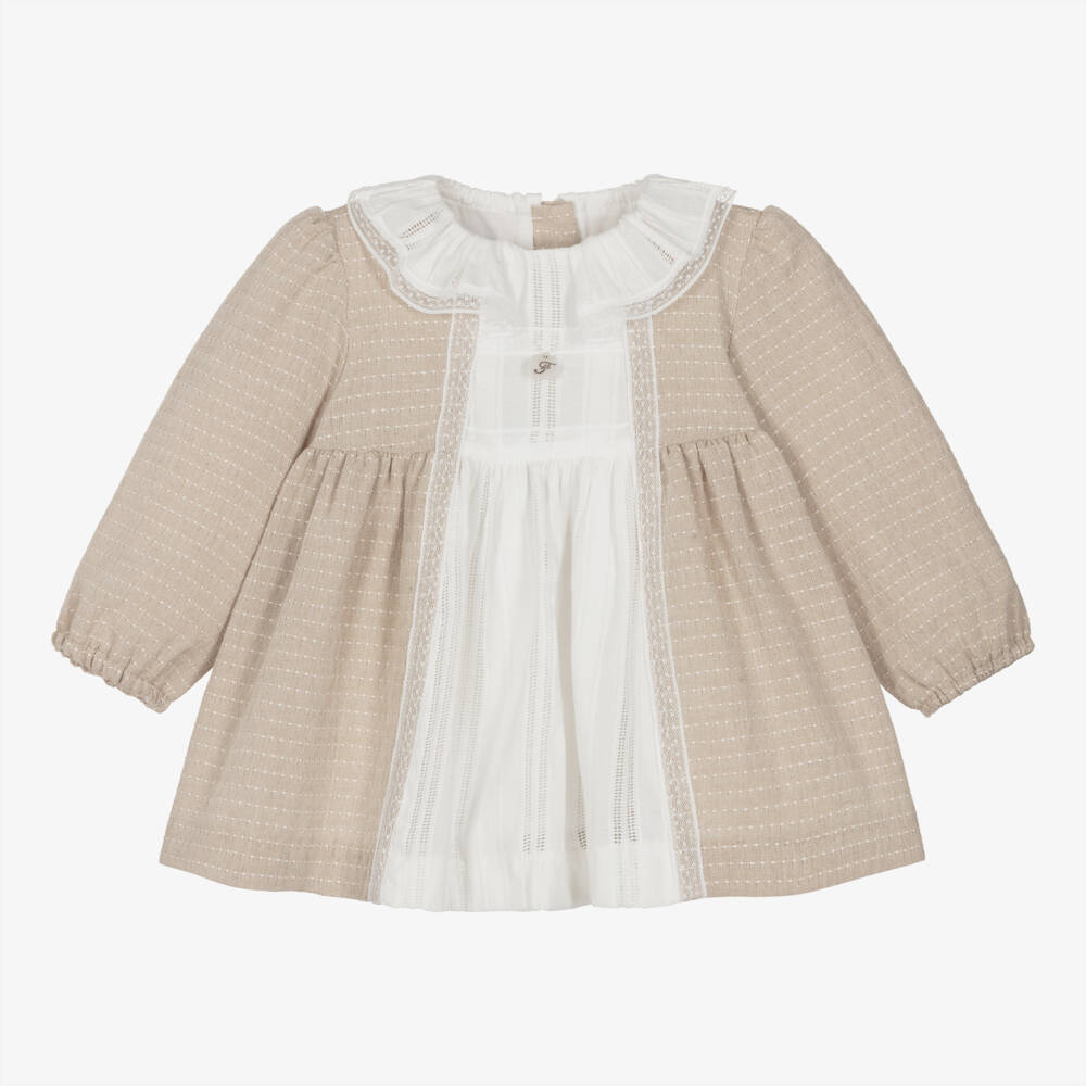 Foque-فستان قطن لون بيج وأبيض | Childrensalon Outlet