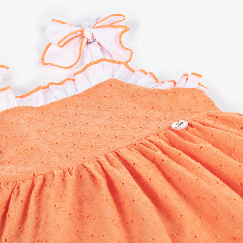 Foque-Girls Tangerine Cotton Eyelet Frock | Childrensalon Outlet