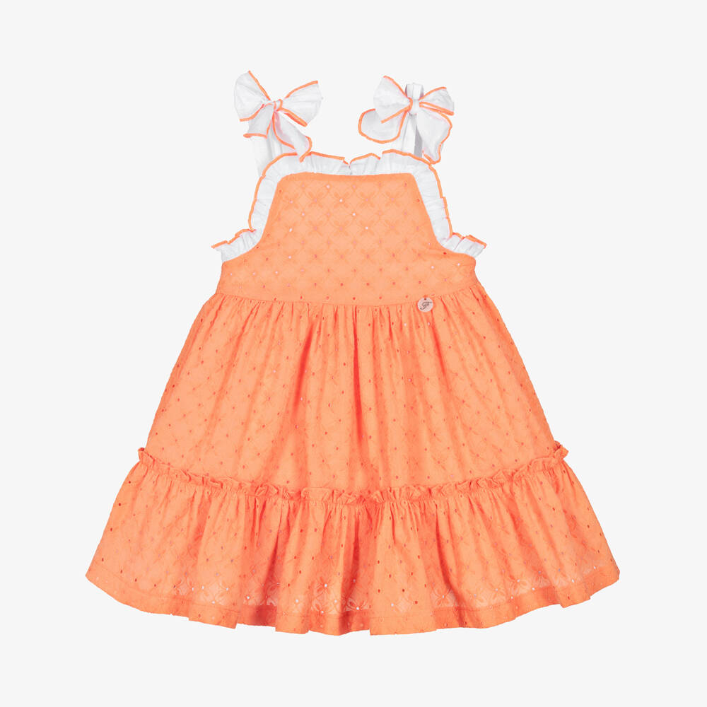 Foque-فستان قطن برتقالي للبنات بتطريز مثقوب | Childrensalon Outlet
