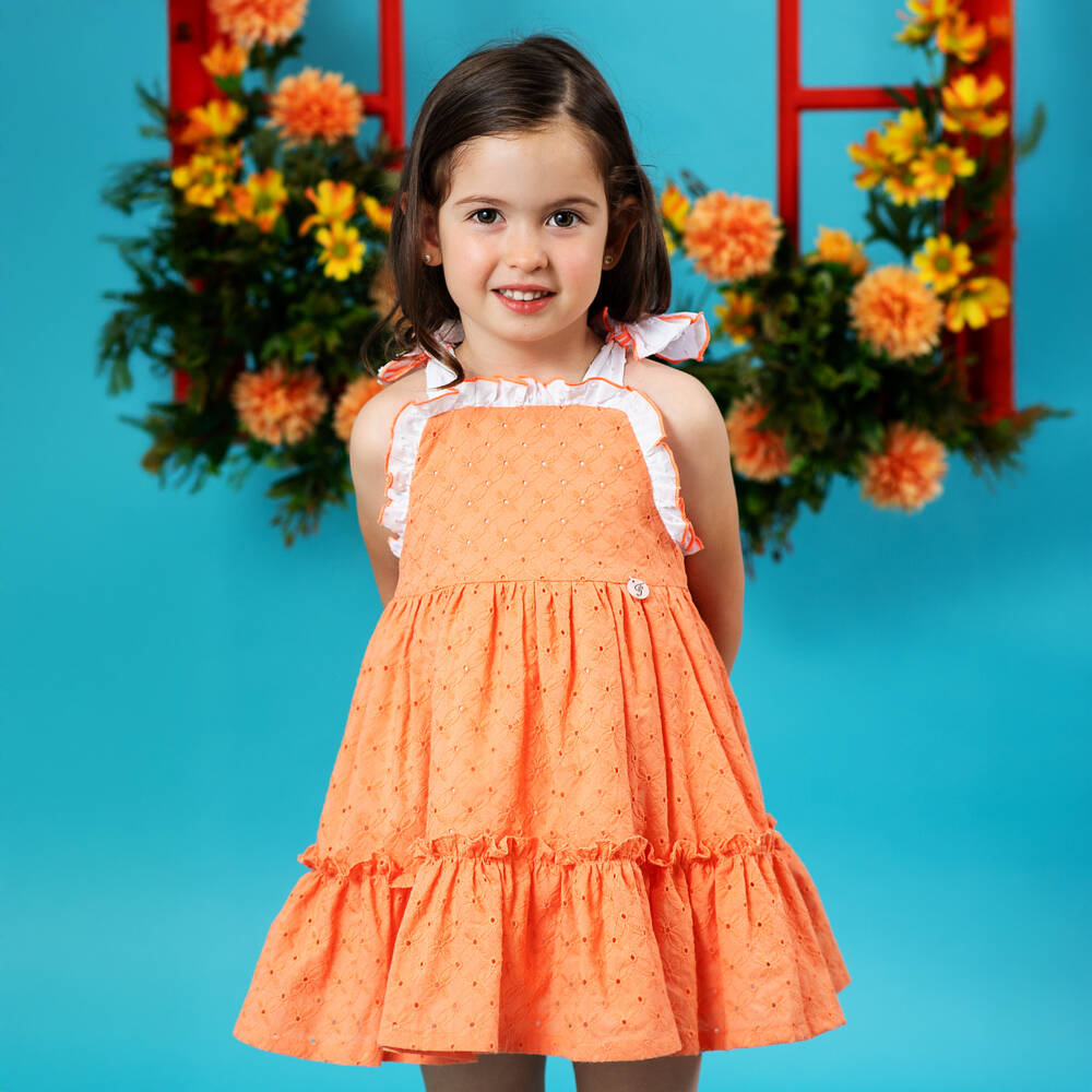 Foque-Girls Tangerine Cotton Eyelet Frock | Childrensalon Outlet