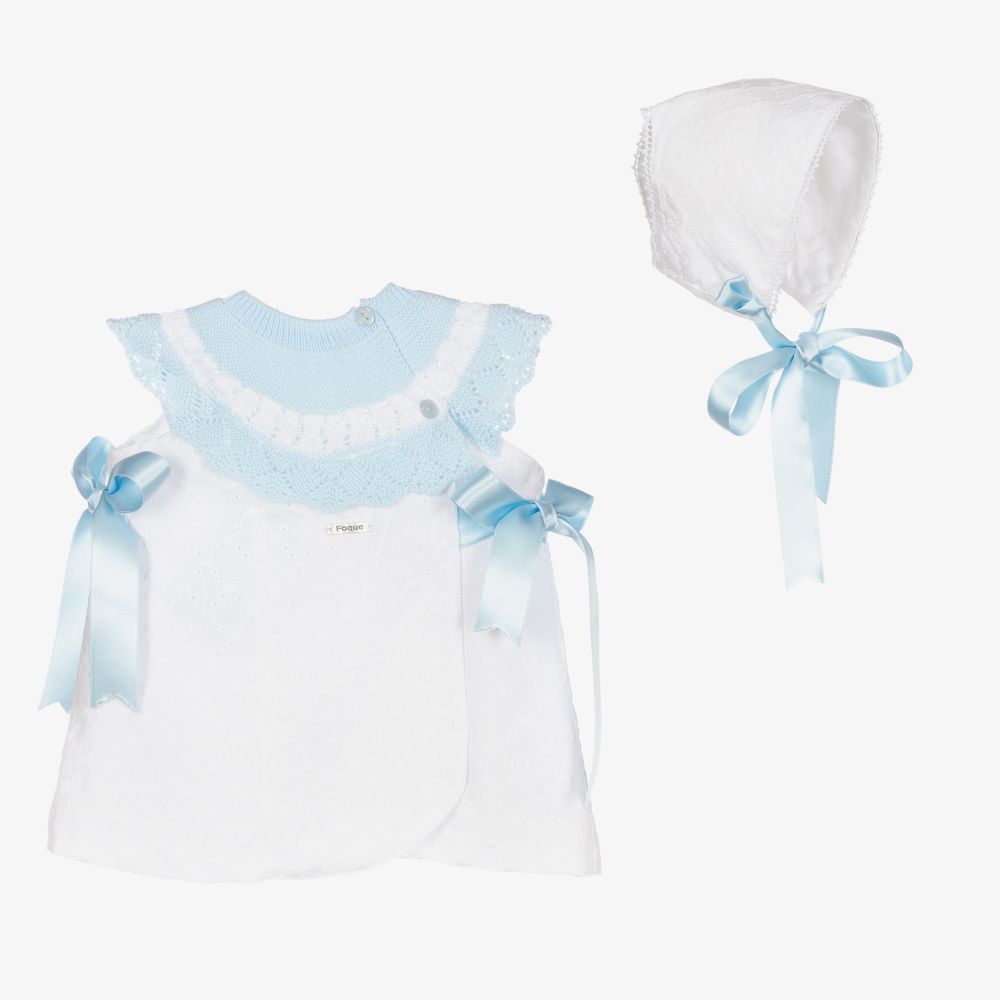 Foque - Girls White & Blue Cotton Dress Set | Childrensalon