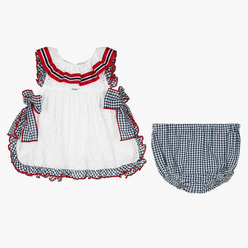 Foque-Girls White & Blue Cotton Dress Set | Childrensalon Outlet