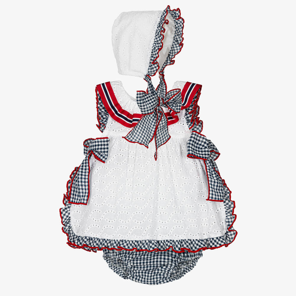 Foque-Girls White & Blue Cotton Dress Set | Childrensalon Outlet