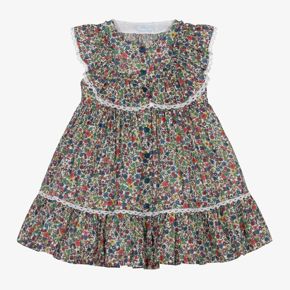 Foque-Girls White & Blue Floral Cotton Dress | Childrensalon Outlet