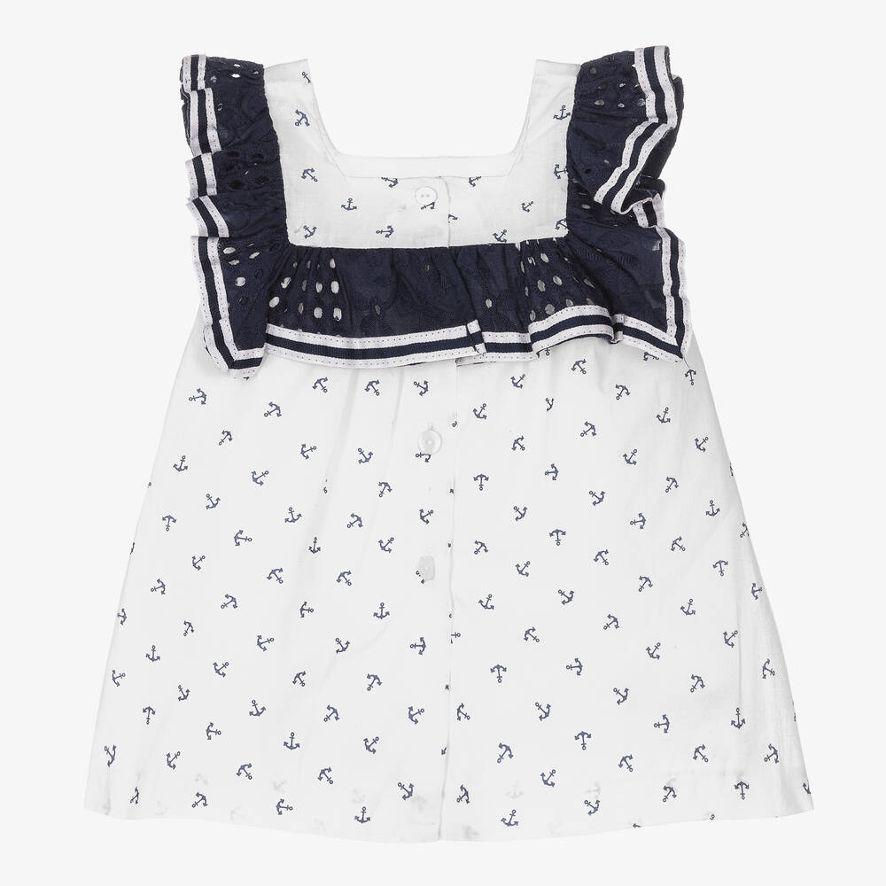 Foque-Girls White & Navy Blue Cotton Dress | Childrensalon Outlet
