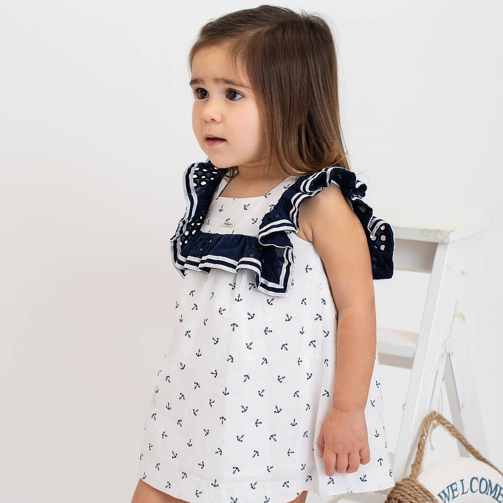 Foque-Girls White & Navy Blue Cotton Dress | Childrensalon Outlet