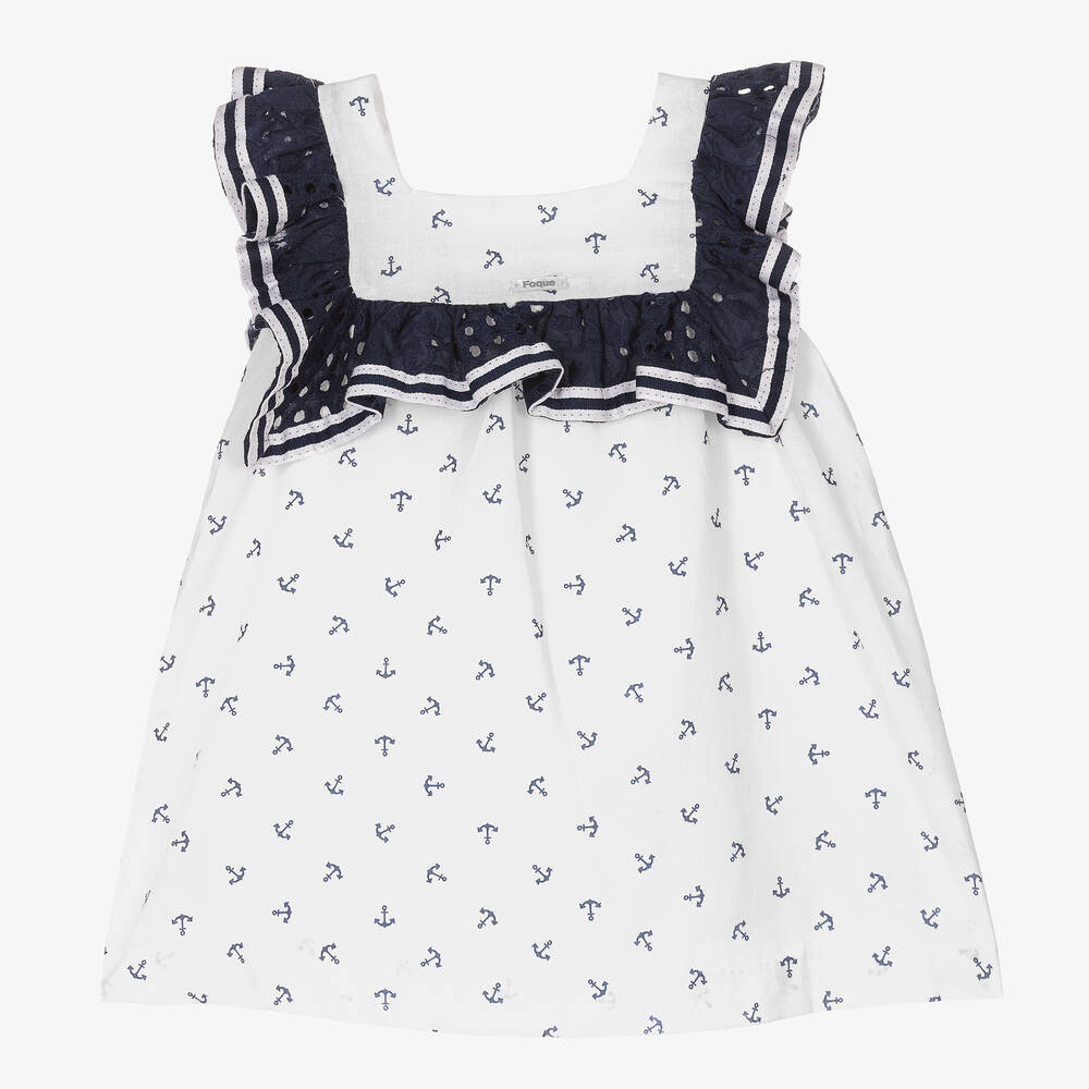 Foque - Girls White & Navy Blue Cotton Dress | Childrensalon