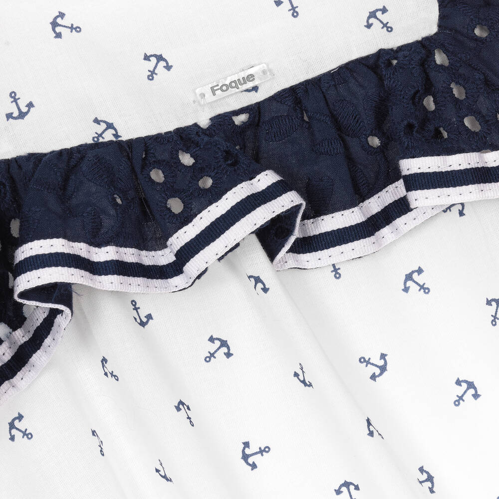 Foque-Girls White & Navy Blue Cotton Dress | Childrensalon Outlet
