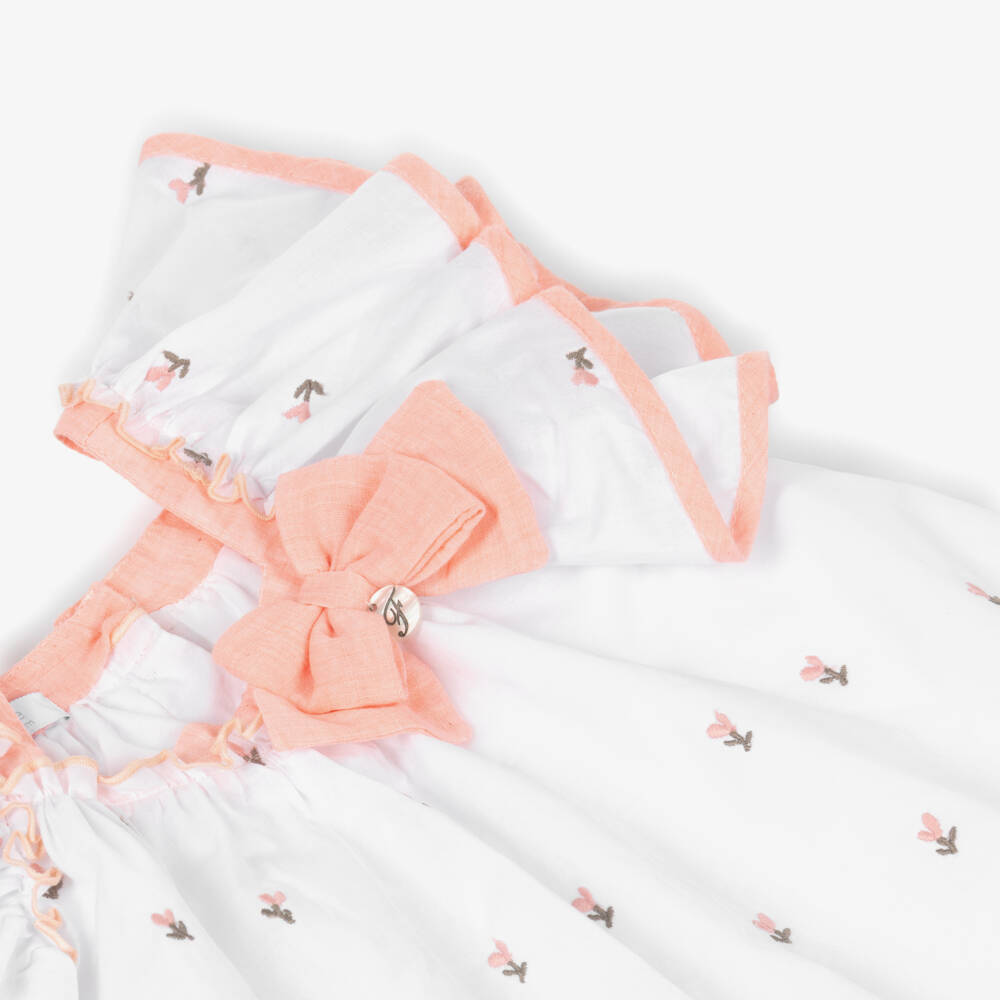 Foque-Girls White & Peach Pink Floral Cotton Dress | Childrensalon Outlet