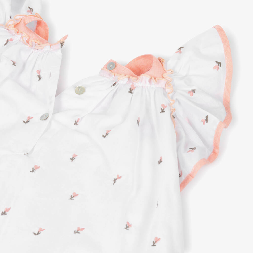 Foque-Girls White & Peach Pink Floral Cotton Dress | Childrensalon Outlet